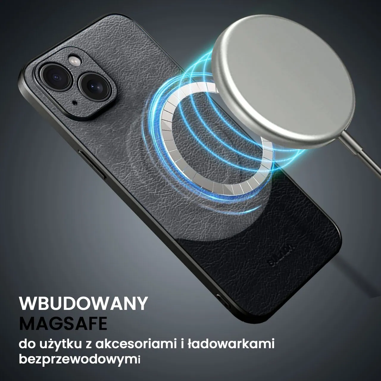 Etui do iPhone 15 Plus Magsafe Leather Protect eleganckie skórzane, Sulada Original, szaro-czarne