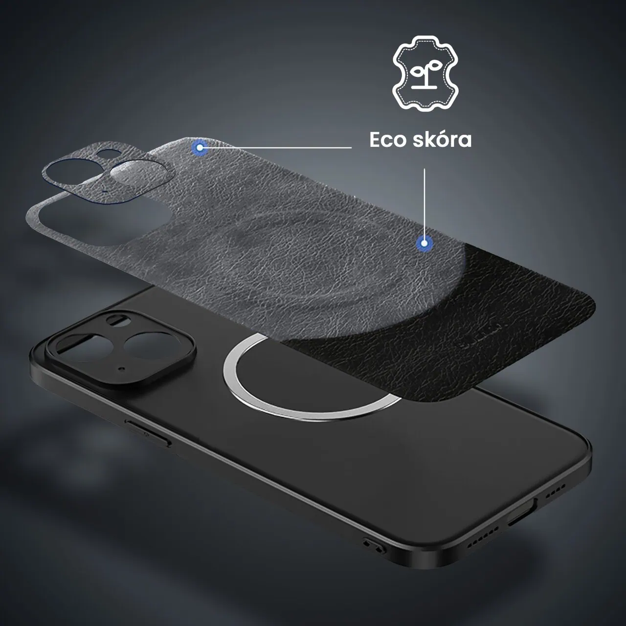 Etui do iPhone 15 Plus Magsafe Leather Protect eleganckie skórzane, Sulada Original, szaro-czarne