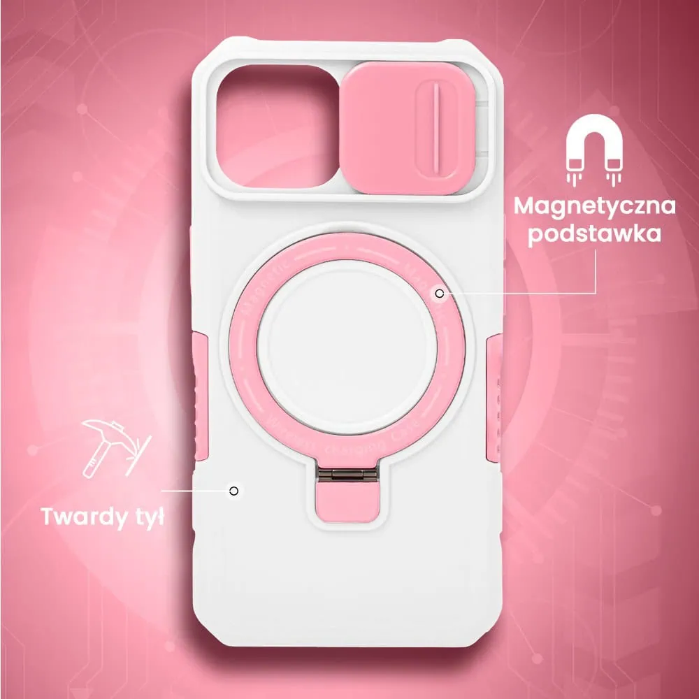 Etui do iPhone 15 MagSafe Slide Camera Stand pancerne, osłona kamery z podstawką, biało-różowe