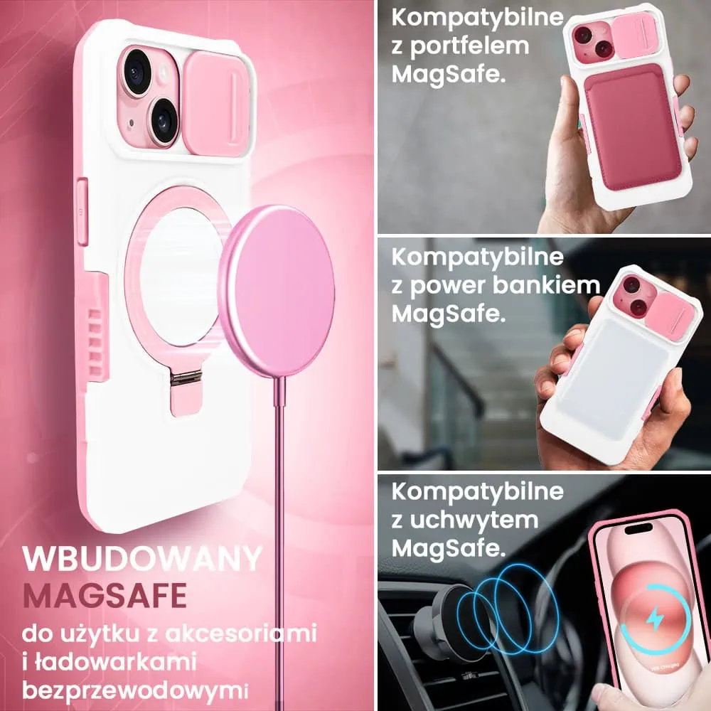 Etui do iPhone 15 MagSafe Slide Camera Stand pancerne, osłona kamery z podstawką, biało-różowe