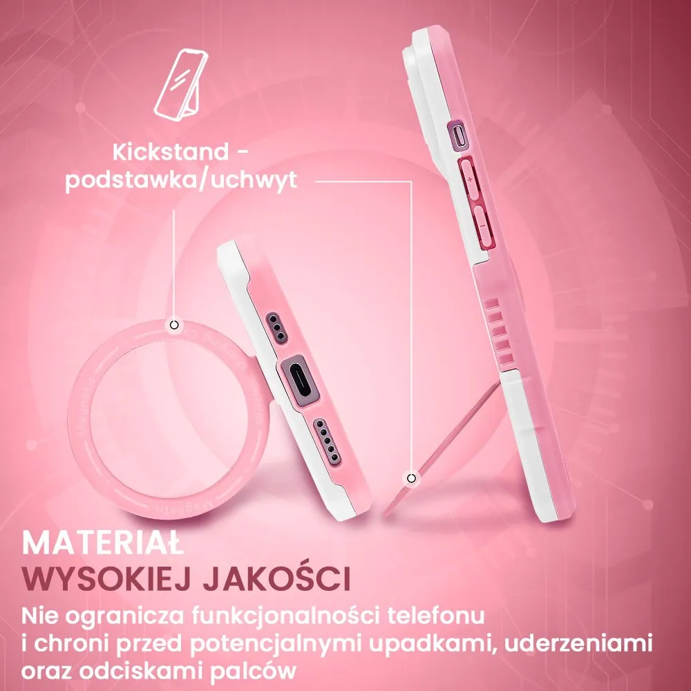 Etui do iPhone 15 MagSafe Slide Camera Stand pancerne, osłona kamery z podstawką, biało-różowe