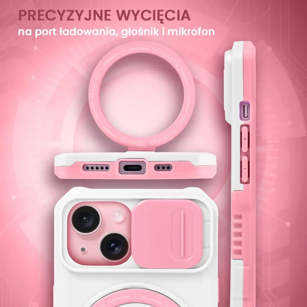 Etui do iPhone 15 MagSafe Slide Camera Stand pancerne, osłona kamery z podstawką, biało-różowe