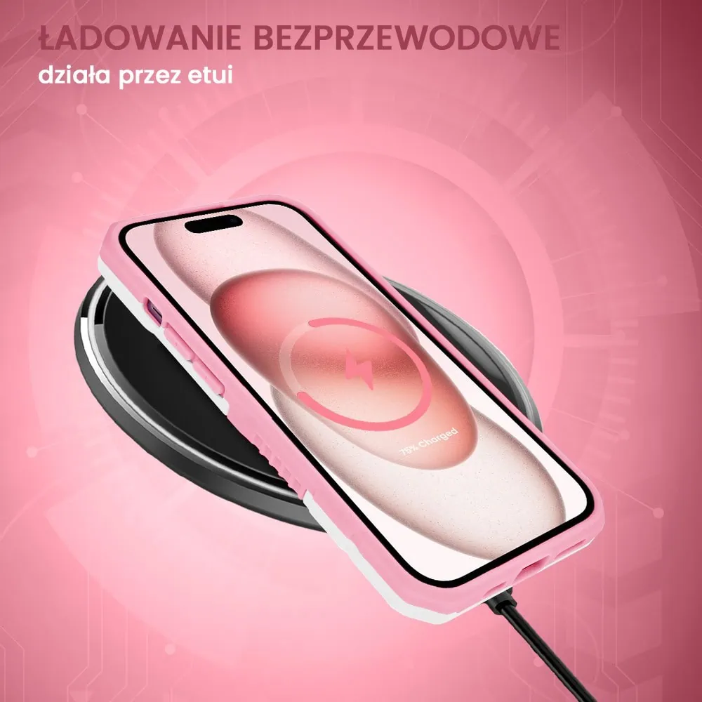 Etui do iPhone 15 MagSafe Slide Camera Stand pancerne, osłona kamery z podstawką, biało-różowe