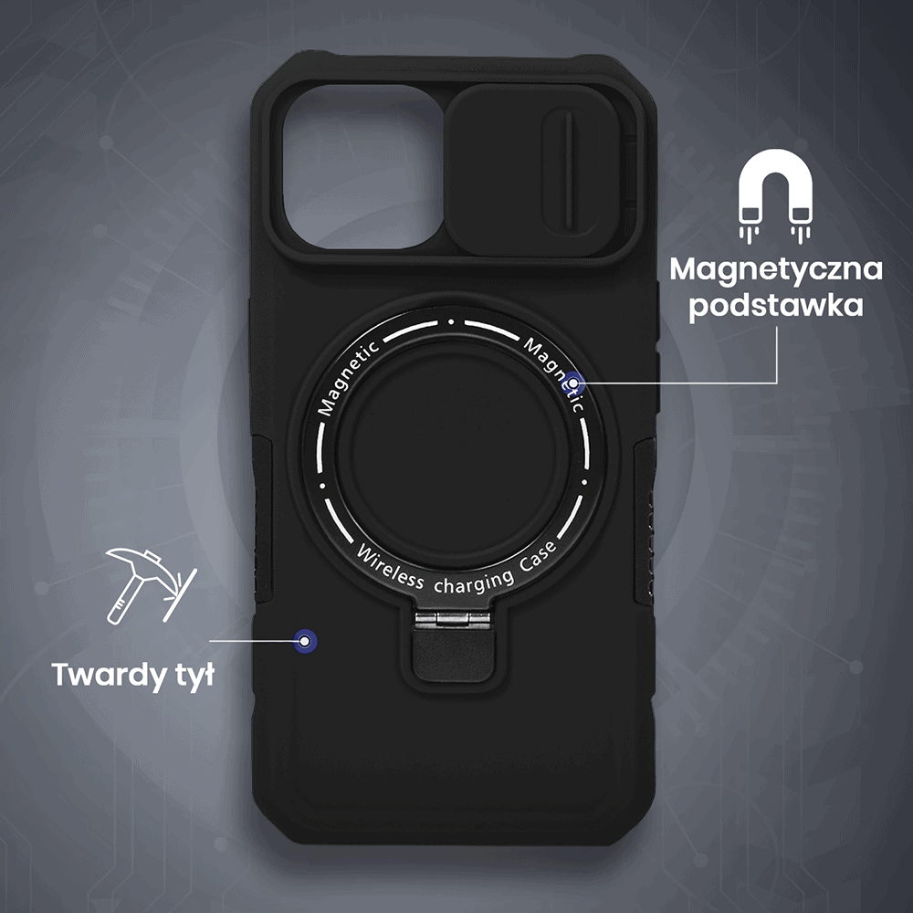 Etui do iPhone 15 MagSafe Slide Camera Stand pancerne, osłona kamery z podstawką, czarne