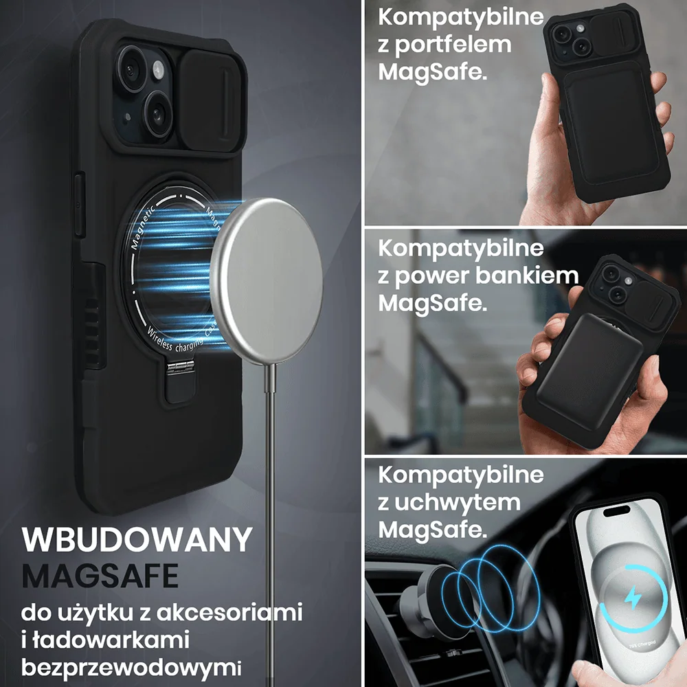 Etui do iPhone 15 MagSafe Slide Camera Stand pancerne, osłona kamery z podstawką, czarne