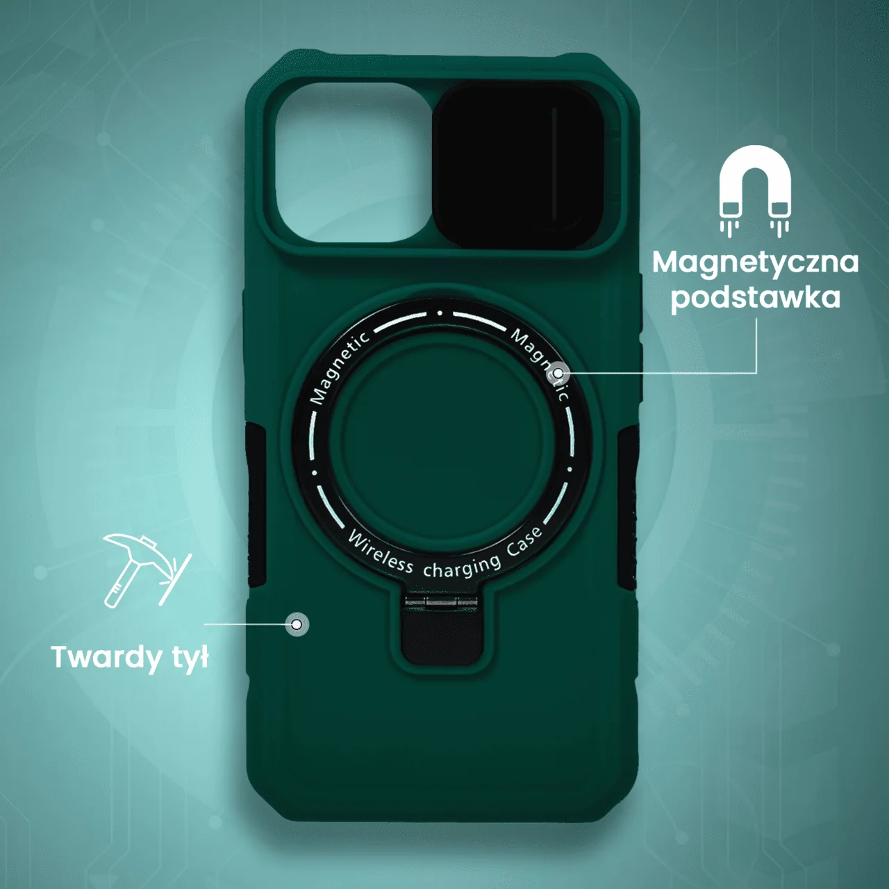 Etui do iPhone 15 Plus MagSafe Slide Camera Stand pancerne, osłona kamery z podstawką, zielone