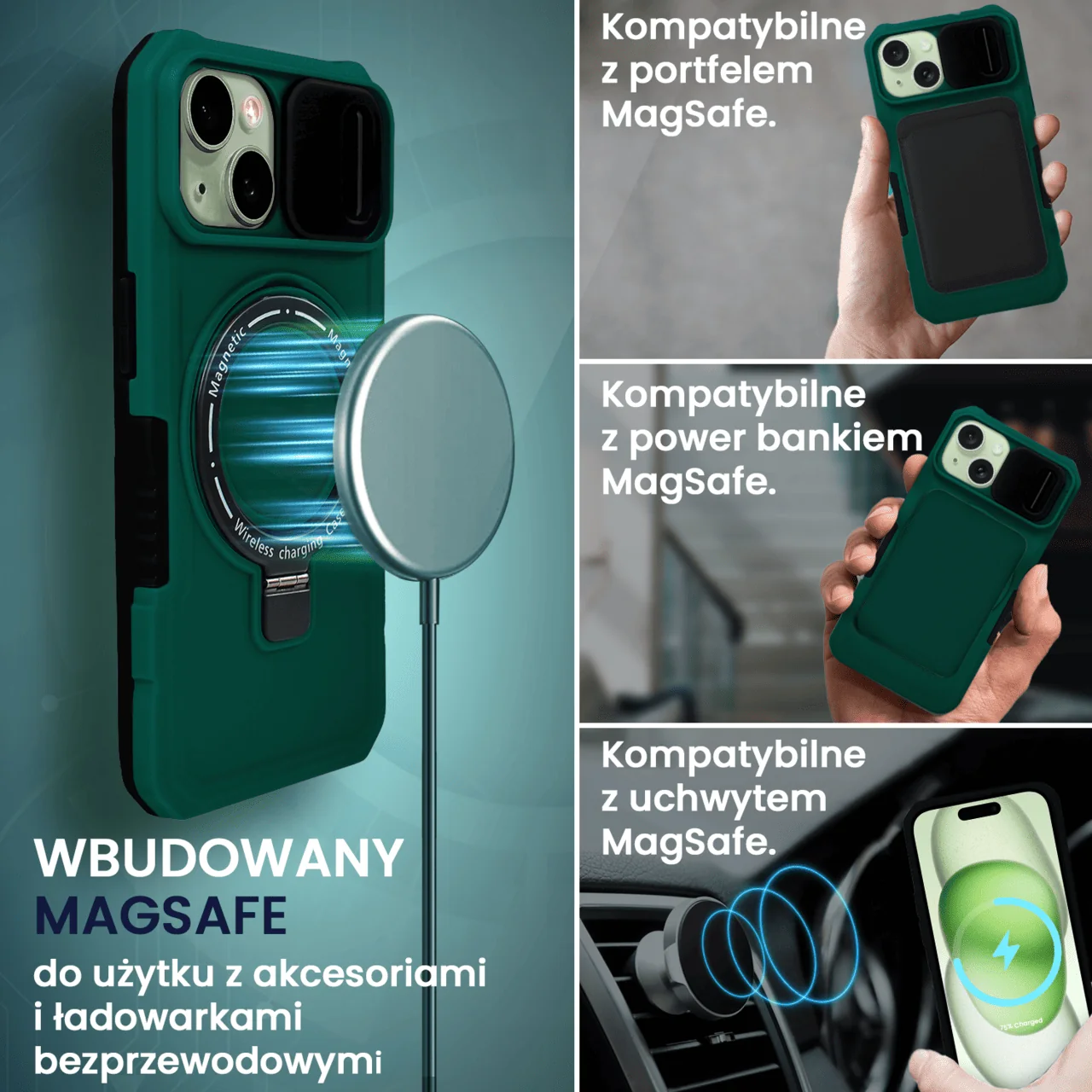 Etui do iPhone 15 Plus MagSafe Slide Camera Stand pancerne, osłona kamery z podstawką, zielone