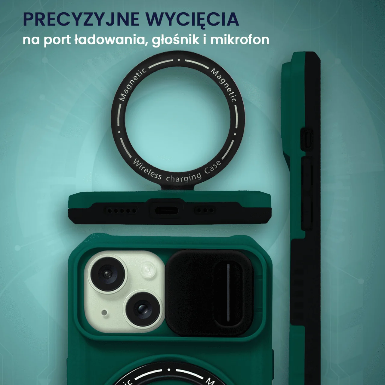 Etui do iPhone 15 Plus MagSafe Slide Camera Stand pancerne, osłona kamery z podstawką, zielone
