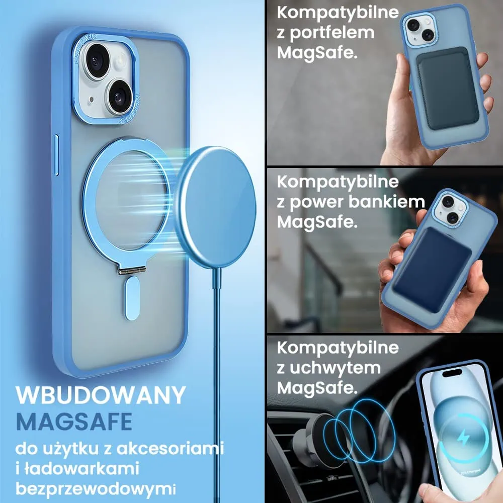 Etui do iPhone 15 Metal Cam MagSafe Stand z podstawką, twarde, półprzeźroczyste, jasno niebieskie
