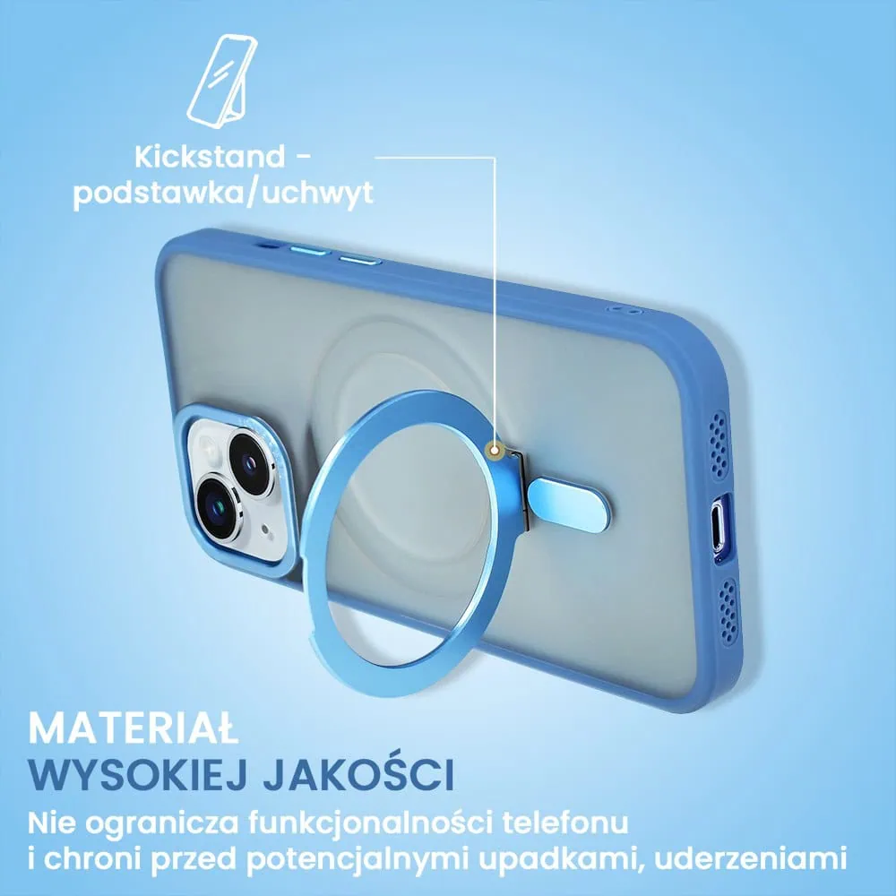 Etui do iPhone 15 Metal Cam MagSafe Stand z podstawką, twarde, półprzeźroczyste, jasno niebieskie