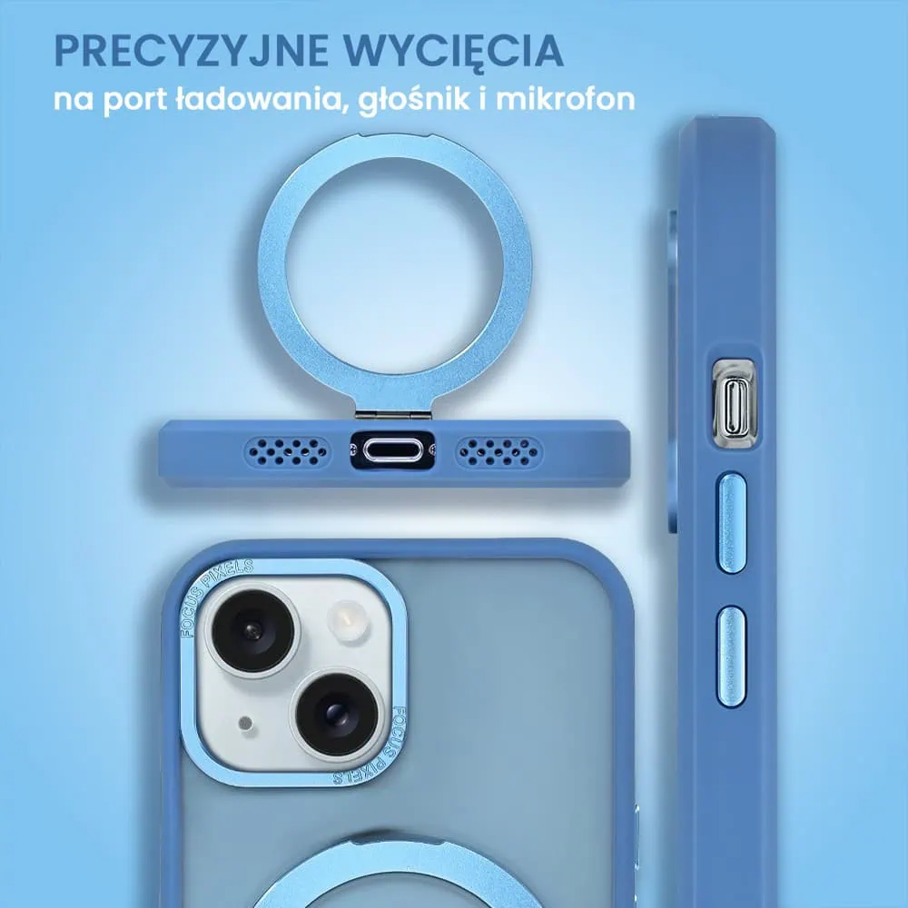 Etui do iPhone 15 Metal Cam MagSafe Stand z podstawką, twarde, półprzeźroczyste, jasno niebieskie