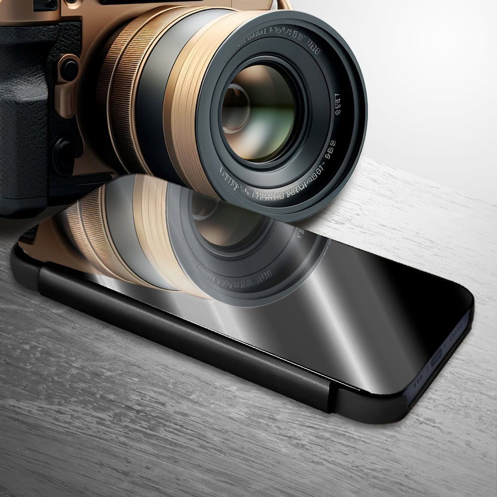 Etui do iPhone 15 Plus Mirror View zamykane typu książka, eleganckie lustrzane, czarne (OUTLET)