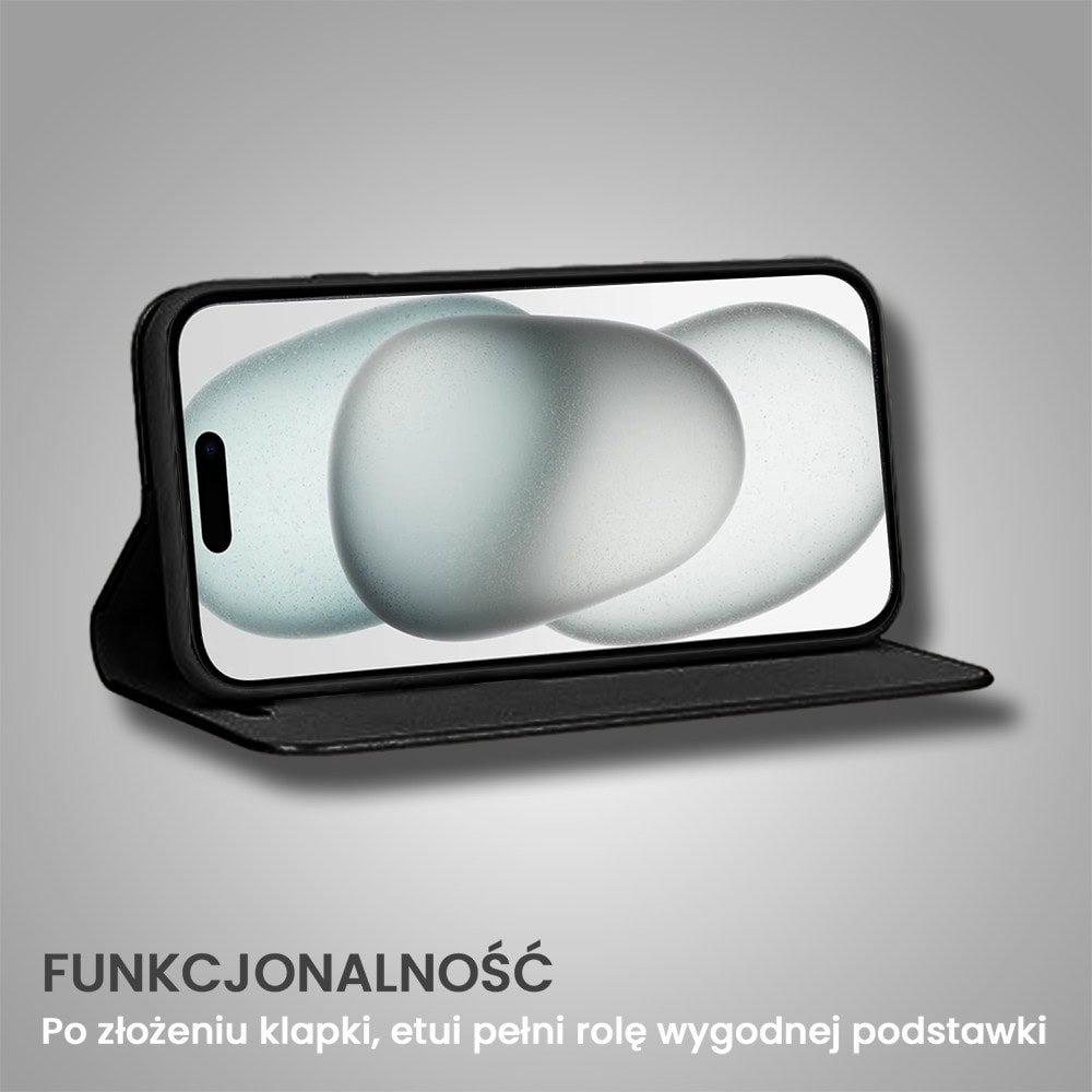 Etui do iPhone 15 Plus Mirror View zamykane typu książka, eleganckie lustrzane, czarne (OUTLET)