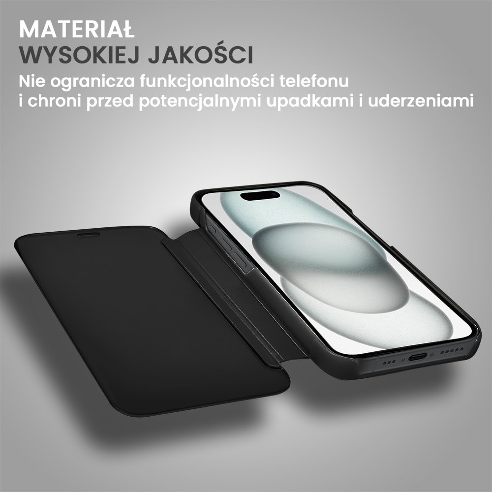 Etui do iPhone 15 Plus Mirror View zamykane typu książka, eleganckie lustrzane, czarne (OUTLET)
