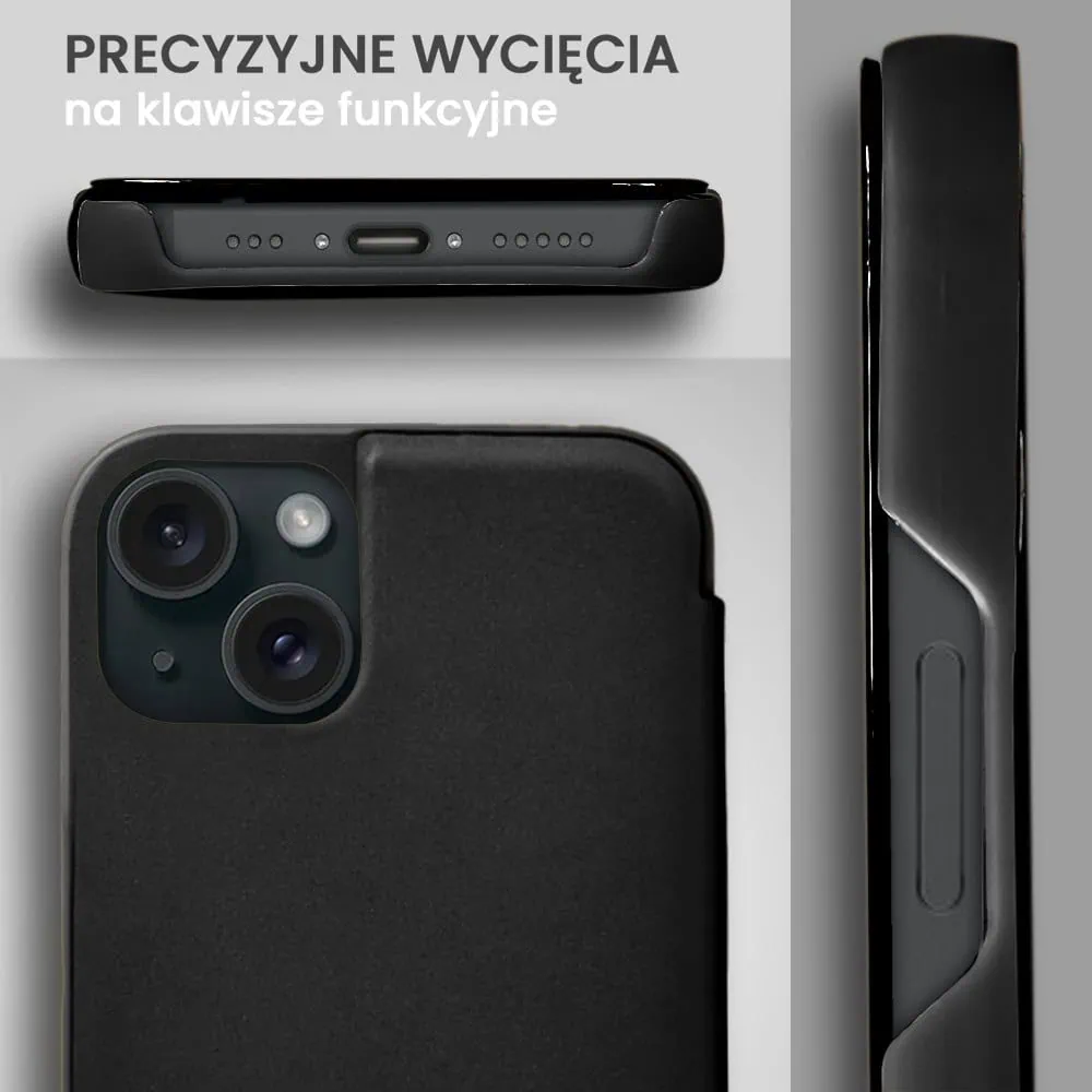 Etui do iPhone 15 Plus Mirror View zamykane typu książka, eleganckie lustrzane, czarne (OUTLET)