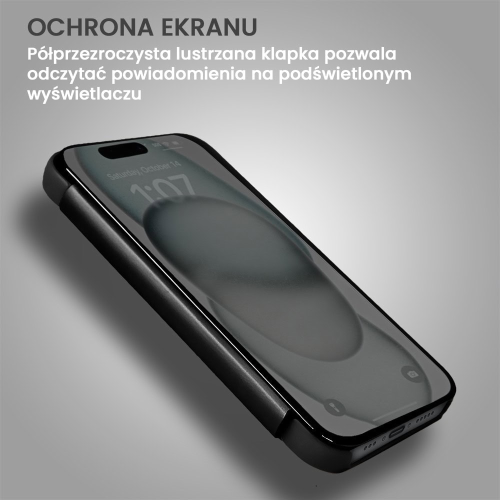 Etui do iPhone 15 Plus Mirror View zamykane typu książka, eleganckie lustrzane, czarne (OUTLET)