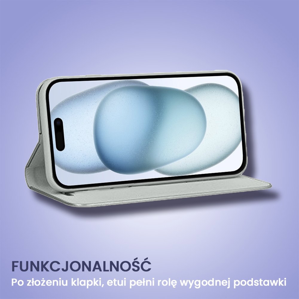 Etui do iPhone 15 Mirror View zamykane typu książka, eleganckie lustrzane, srebrne