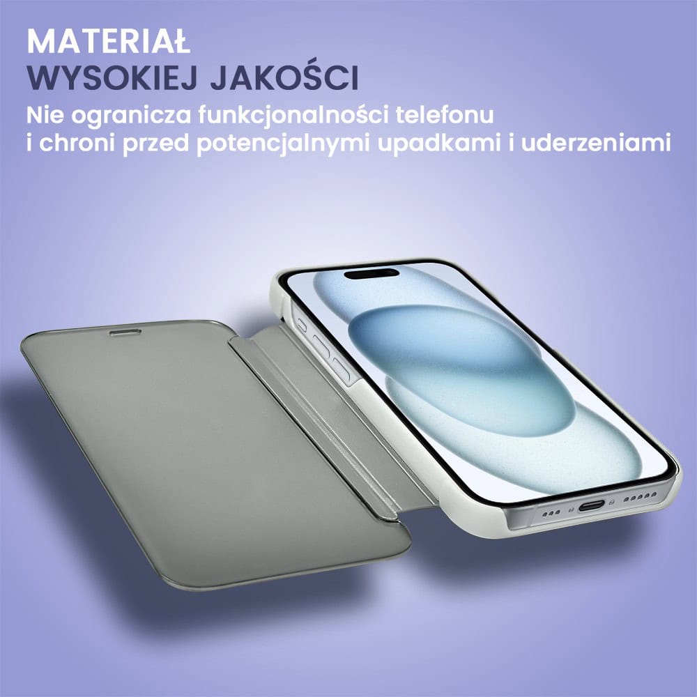 Etui do iPhone 15 Mirror View zamykane typu książka, eleganckie lustrzane, srebrne