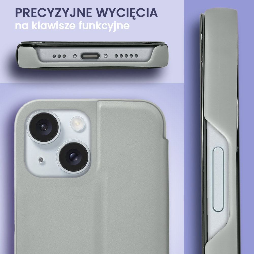Etui do iPhone 15 Mirror View zamykane typu książka, eleganckie lustrzane, srebrne