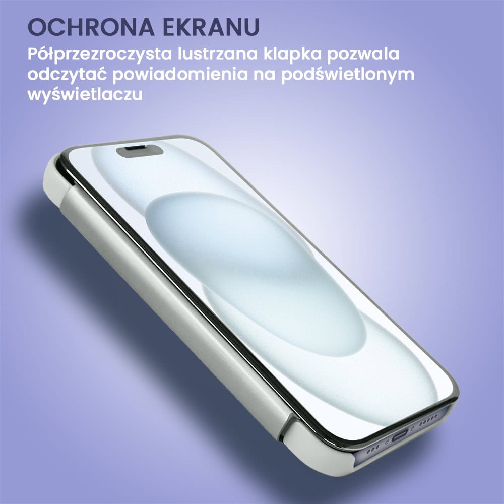 Etui do iPhone 15 Mirror View zamykane typu książka, eleganckie lustrzane, srebrne