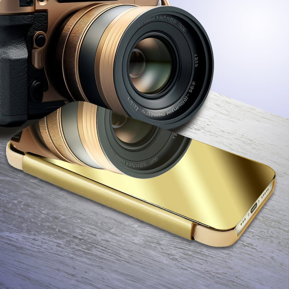 Etui do iPhone 15 Mirror View zamykane typu książka, eleganckie lustrzane, złote