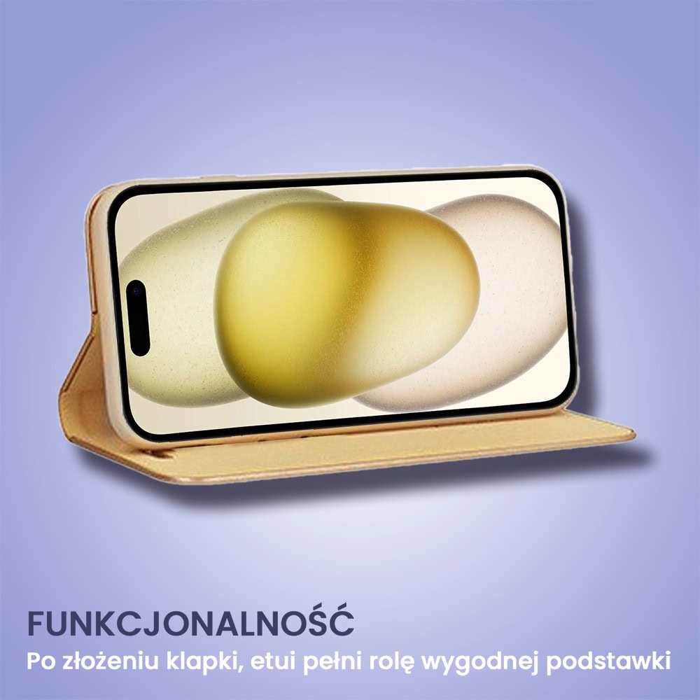 Etui do iPhone 15 Mirror View zamykane typu książka, eleganckie lustrzane, złote