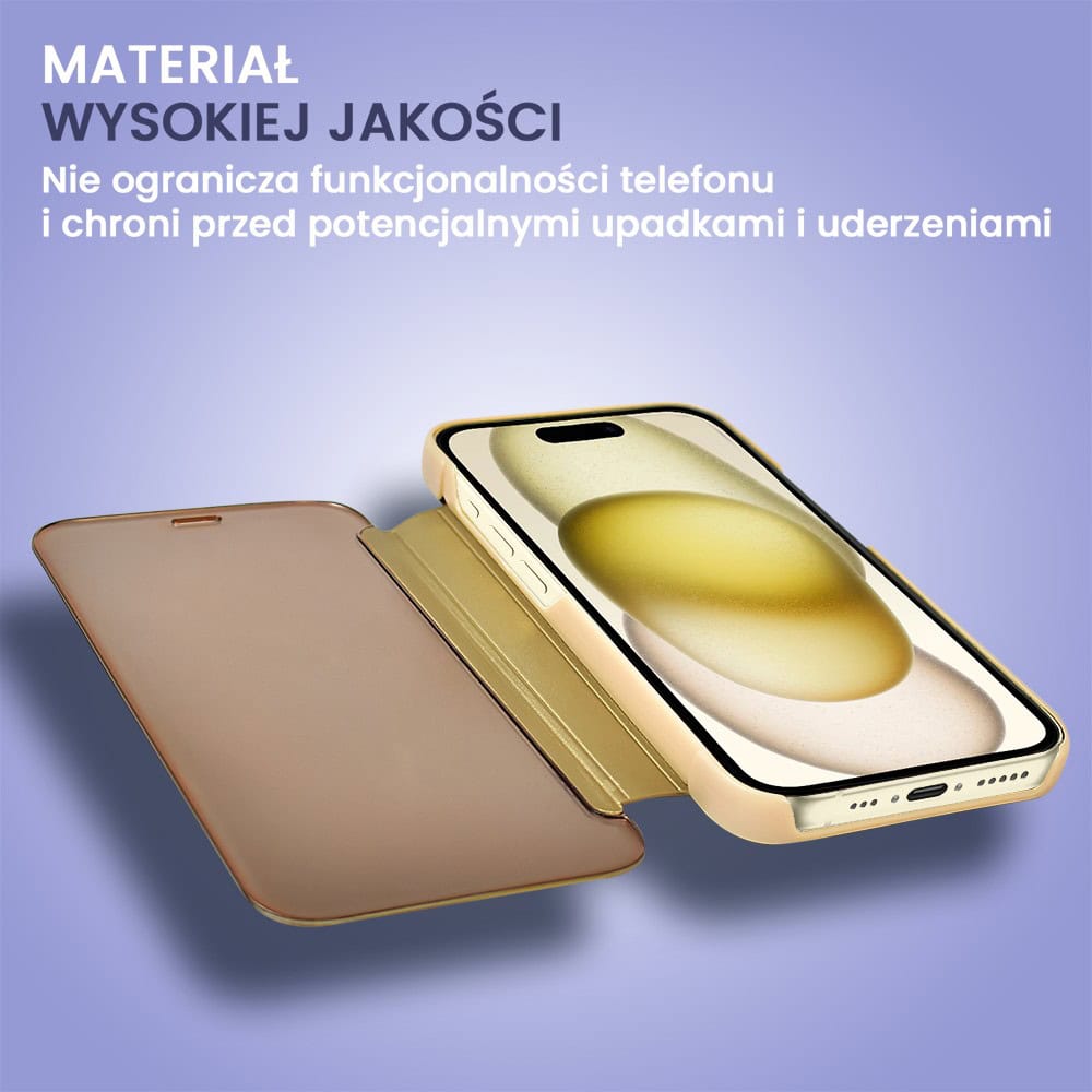 Etui do iPhone 15 Mirror View zamykane typu książka, eleganckie lustrzane, złote
