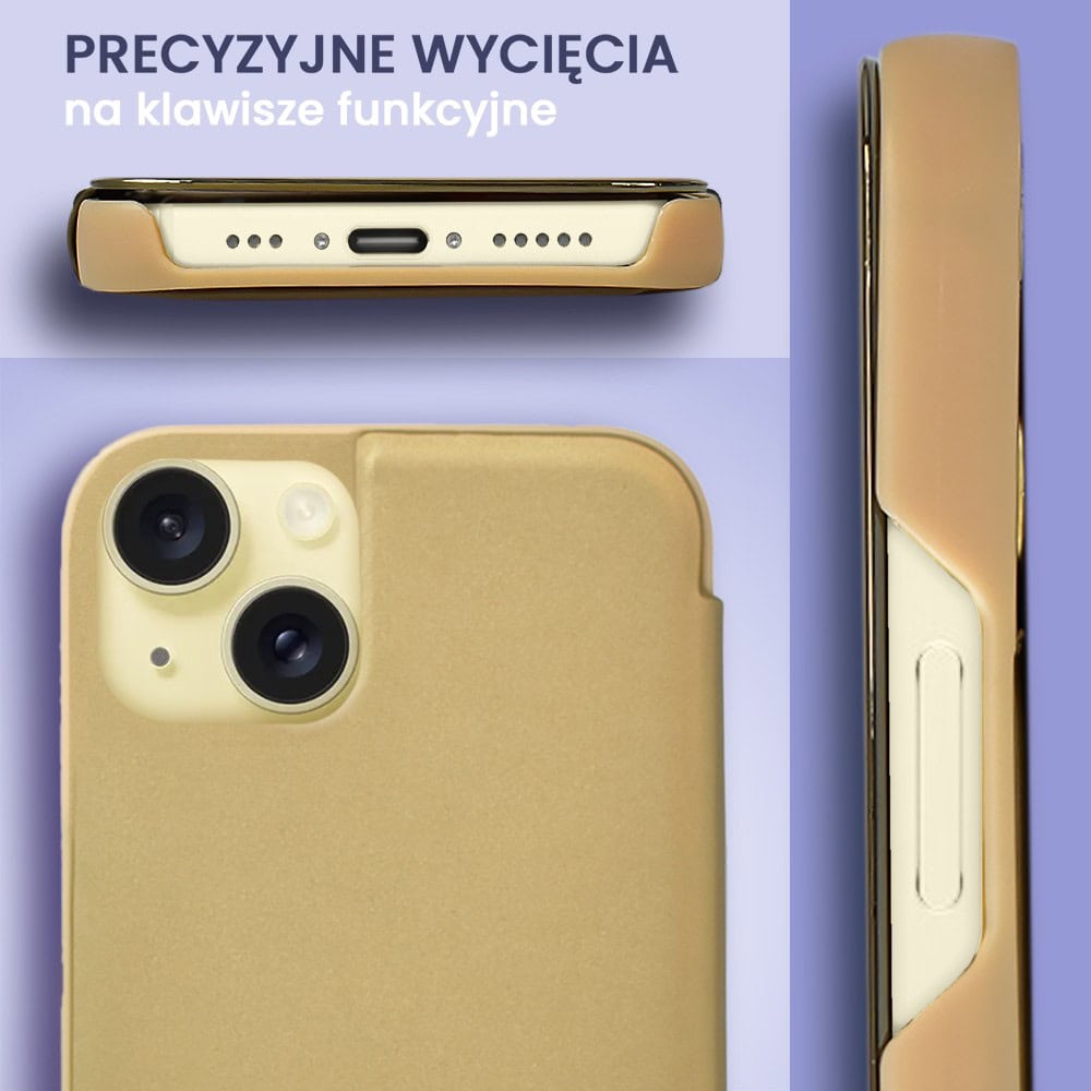 Etui do iPhone 15 Mirror View zamykane typu książka, eleganckie lustrzane, złote