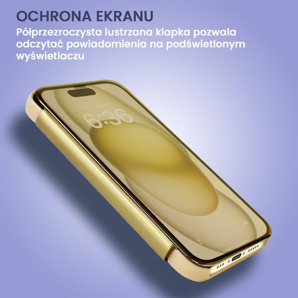 Etui do iPhone 15 Mirror View zamykane typu książka, eleganckie lustrzane, złote