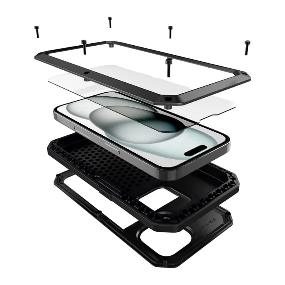 Etui do iPhone 15 Plus Panzer Max, metalowa, skręcana, pancerna obudowa przód+tył, czarne