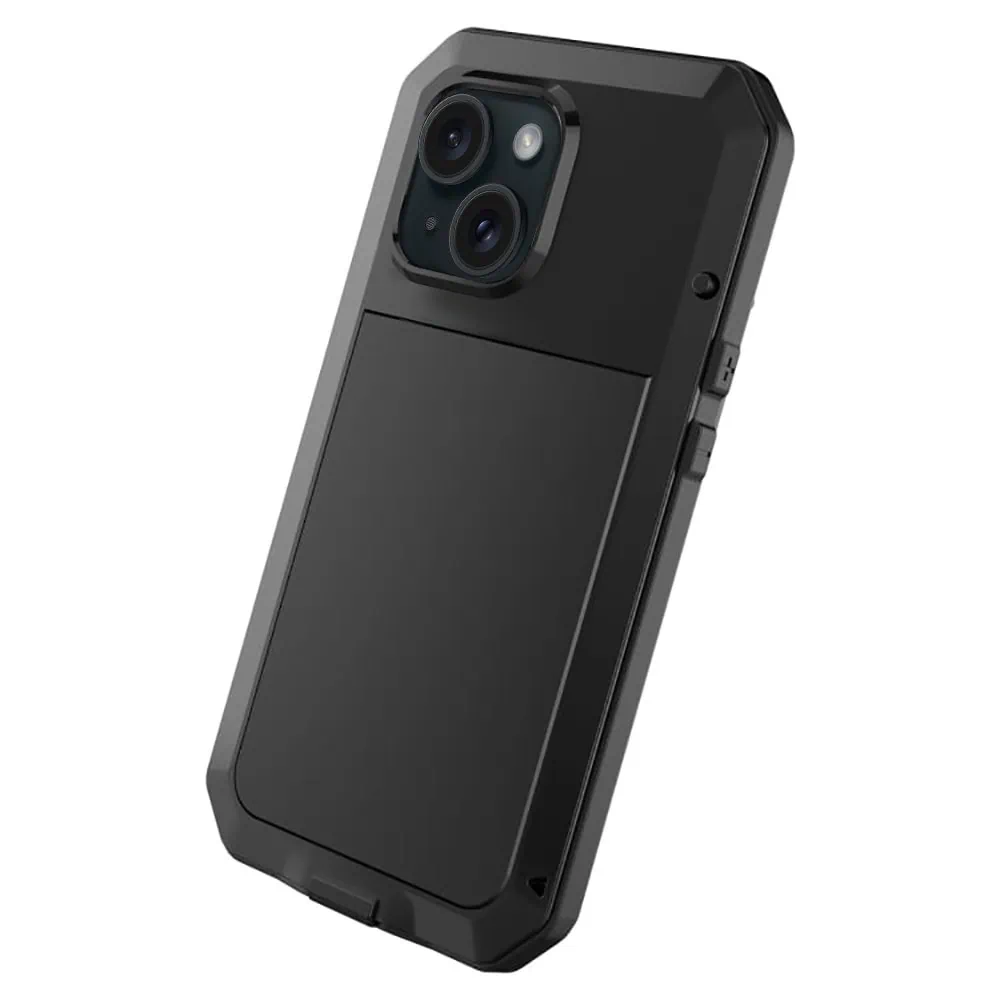 Etui do iPhone 15 Plus Panzer Max, metalowa, skręcana, pancerna obudowa przód+tył, czarne