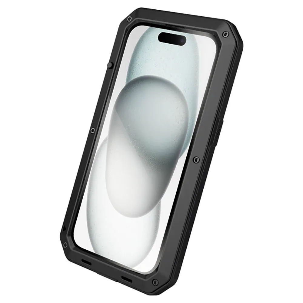 Etui do iPhone 15 Plus Panzer Max, metalowa, skręcana, pancerna obudowa przód+tył, czarne