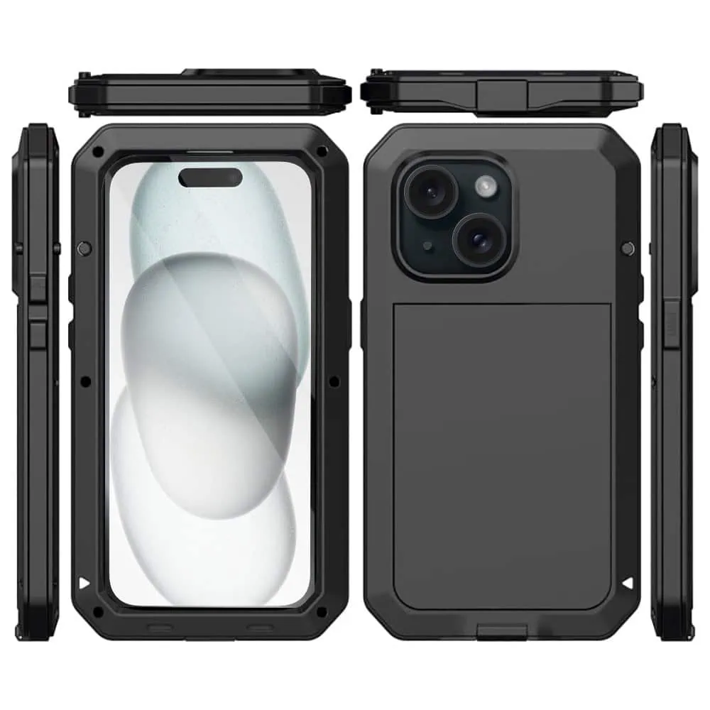 Etui do iPhone 15 Plus Panzer Max, metalowa, skręcana, pancerna obudowa przód+tył, czarne