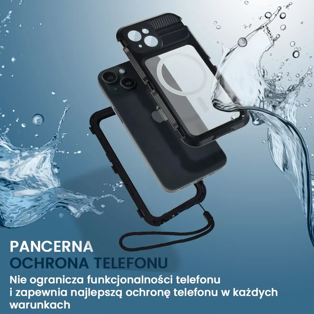 Etui do iPhone 15 TOTAL Protect z Magsafe, wodoodporne, metalowe, przeźroczyste, czarne