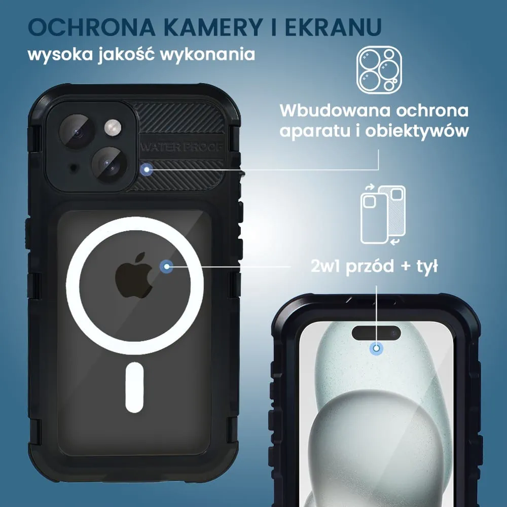 Etui do iPhone 15 TOTAL Protect z Magsafe, wodoodporne, metalowe, przeźroczyste, czarne