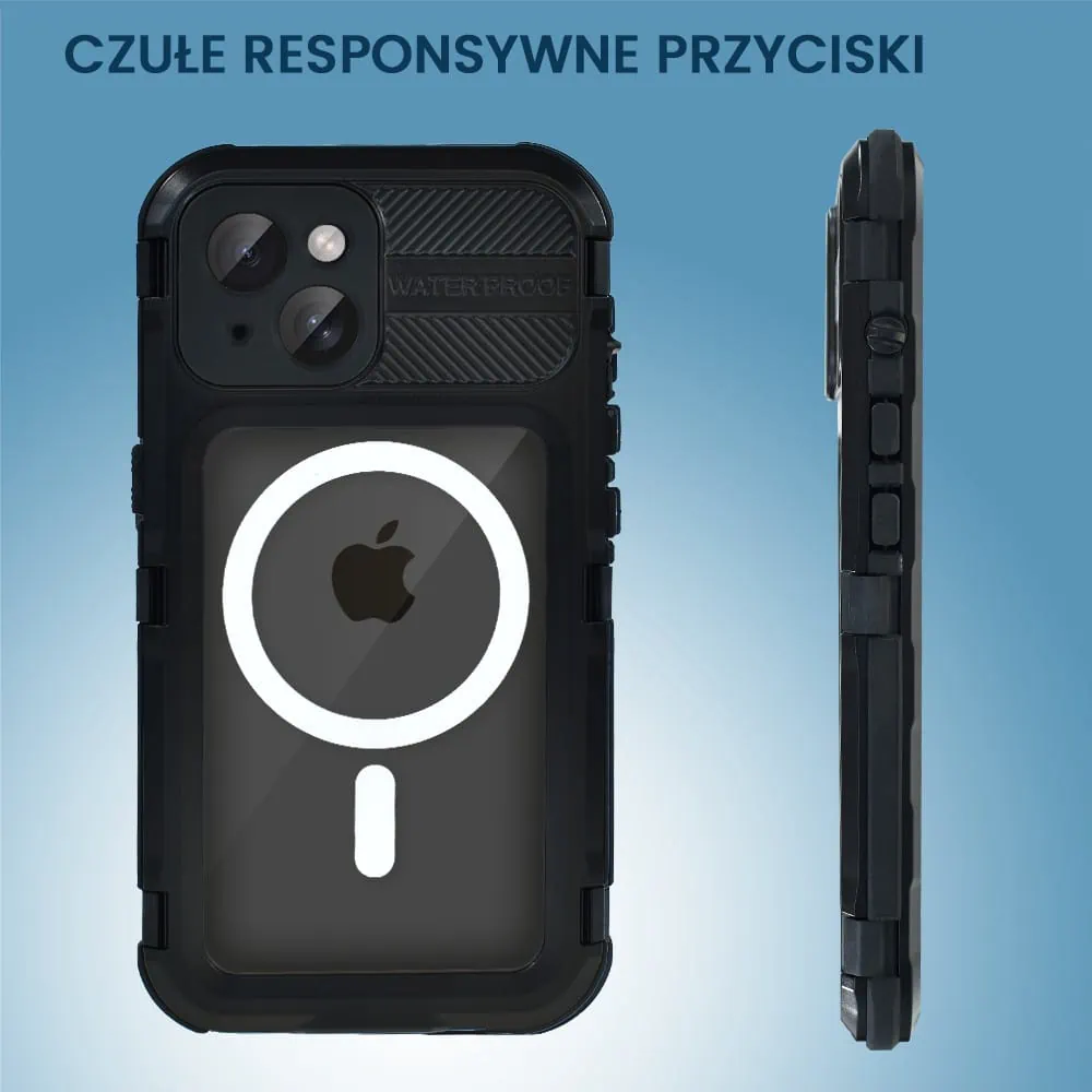 Etui do iPhone 15 TOTAL Protect z Magsafe, wodoodporne, metalowe, przeźroczyste, czarne