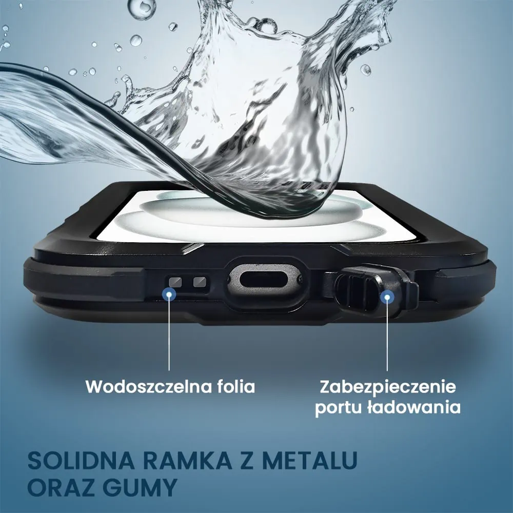 Etui do iPhone 15 TOTAL Protect z Magsafe, wodoodporne, metalowe, przeźroczyste, czarne