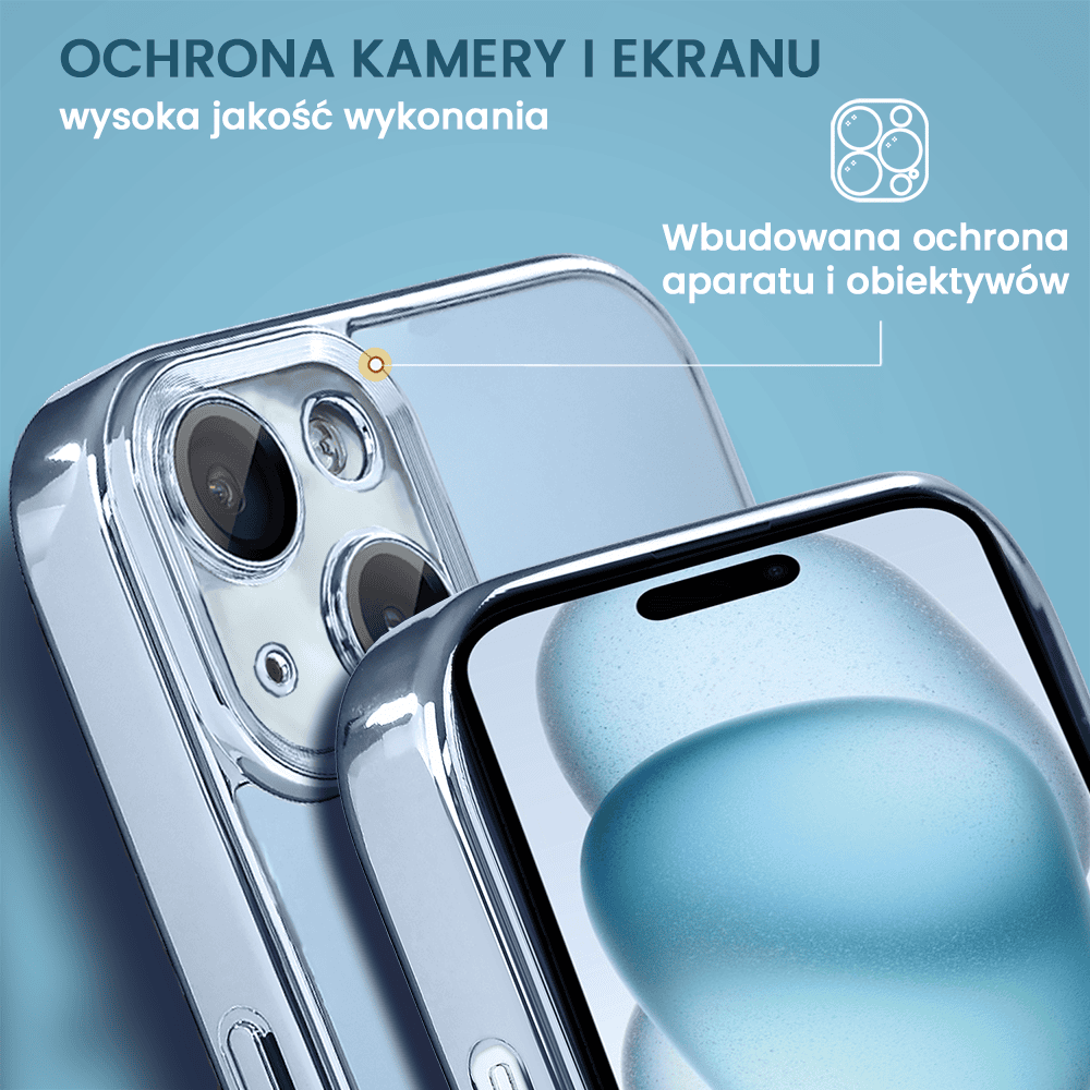 Etui do iPhone 15 cienkie, eleganckie, z osłoną aparatu i widocznym logo, niebieskie