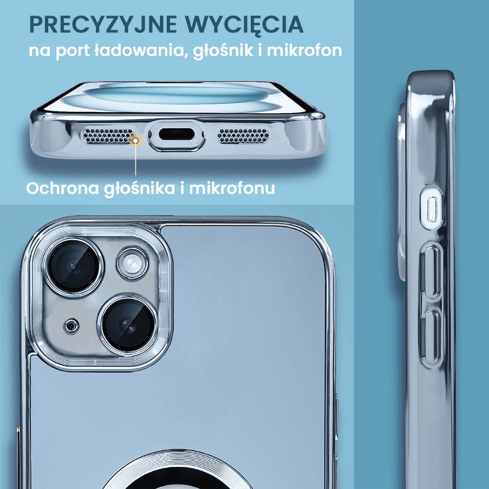 Etui do iPhone 15 cienkie, eleganckie, z osłoną aparatu i widocznym logo, niebieskie