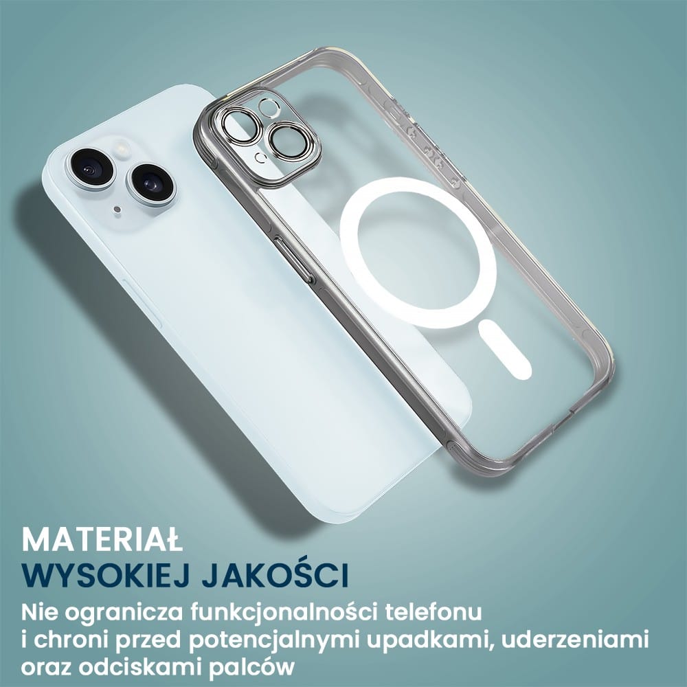 Etui do iPhone 15 cienkie, wzmocnione, z ochroną anti shock oraz głośników, srebrne