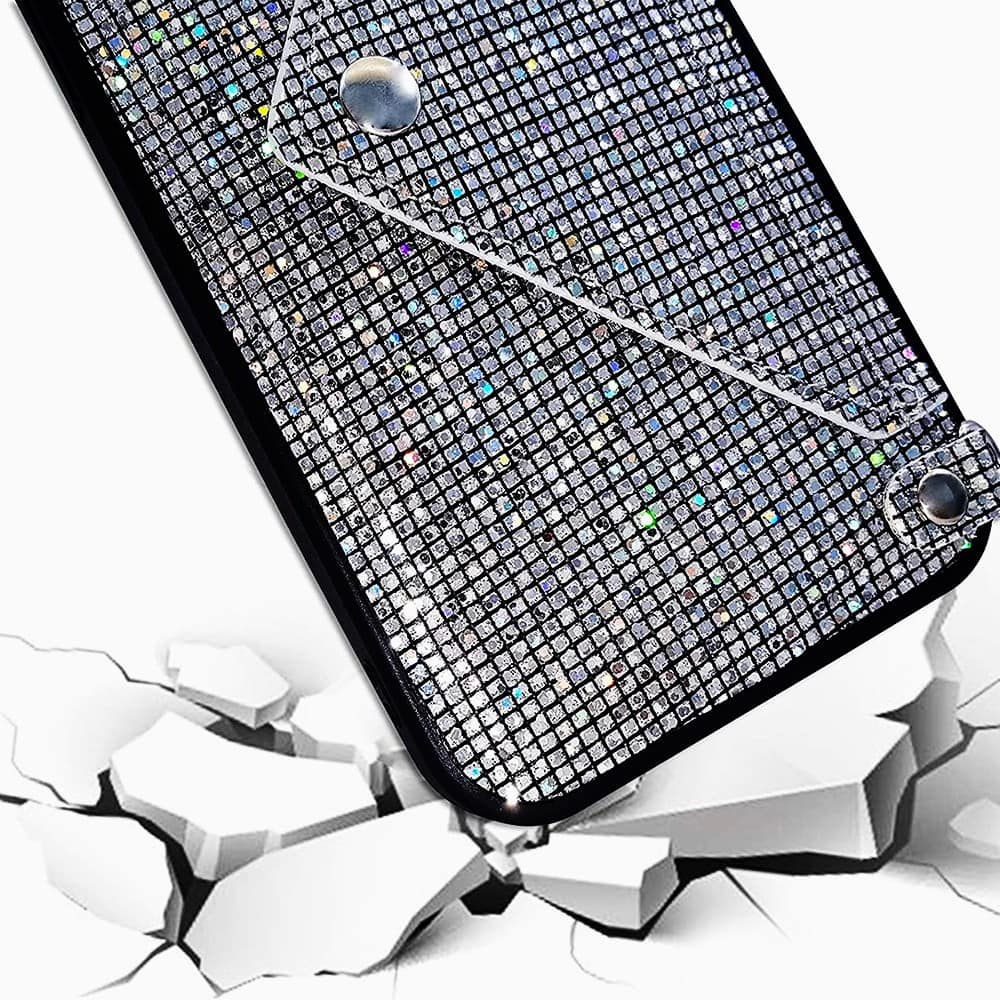 Etui do iPhone 15 Plus, eleganckie, błyszczące, torebka z łańcuszkiem, srebrne