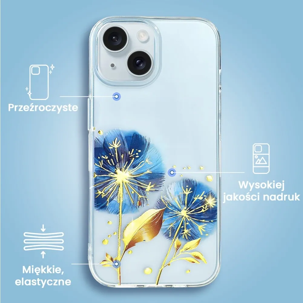 Etui do iPhone 15, przeźroczyste, niebieskie dmuchawce ze złotym zdobieniem