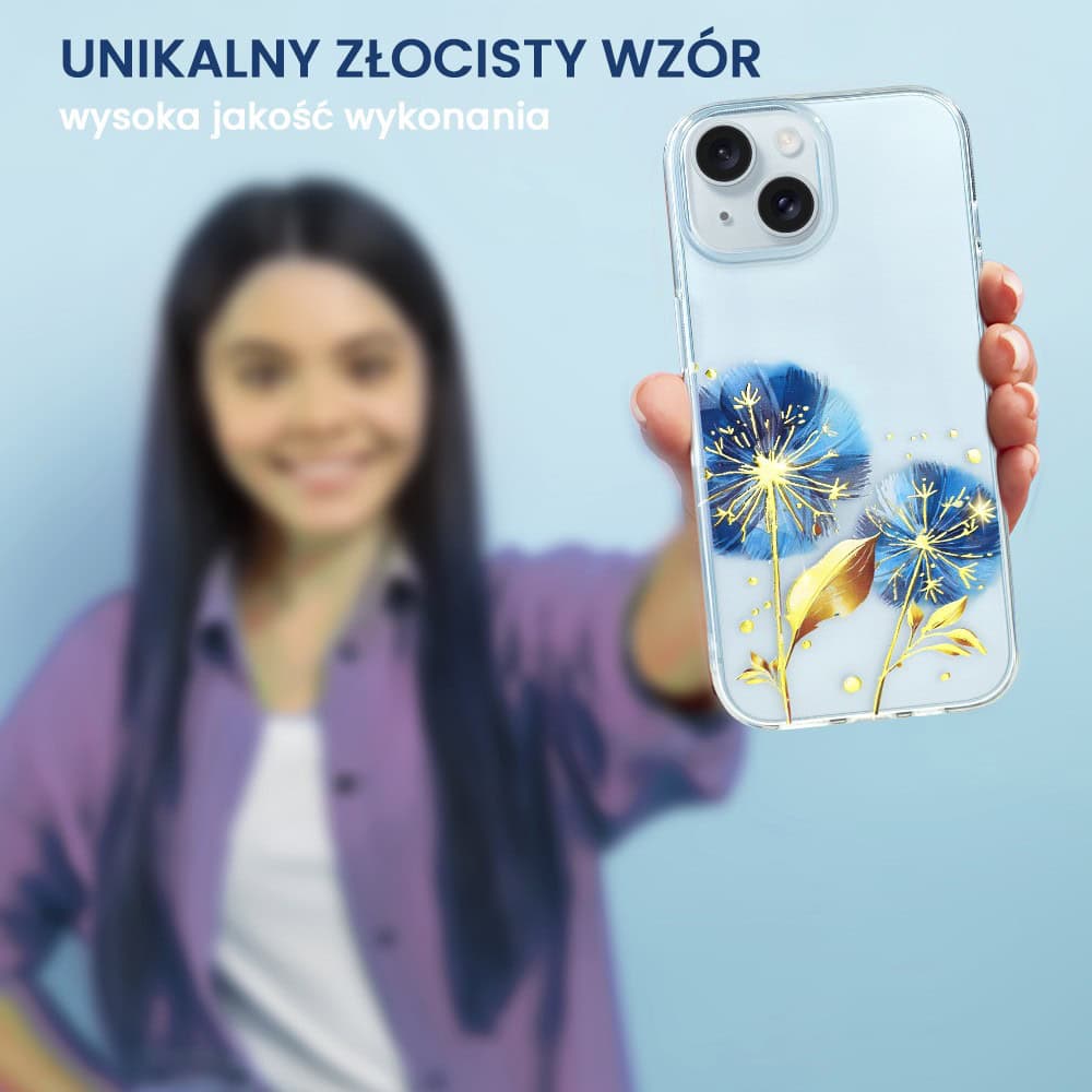 Etui do iPhone 15, przeźroczyste, niebieskie dmuchawce ze złotym zdobieniem