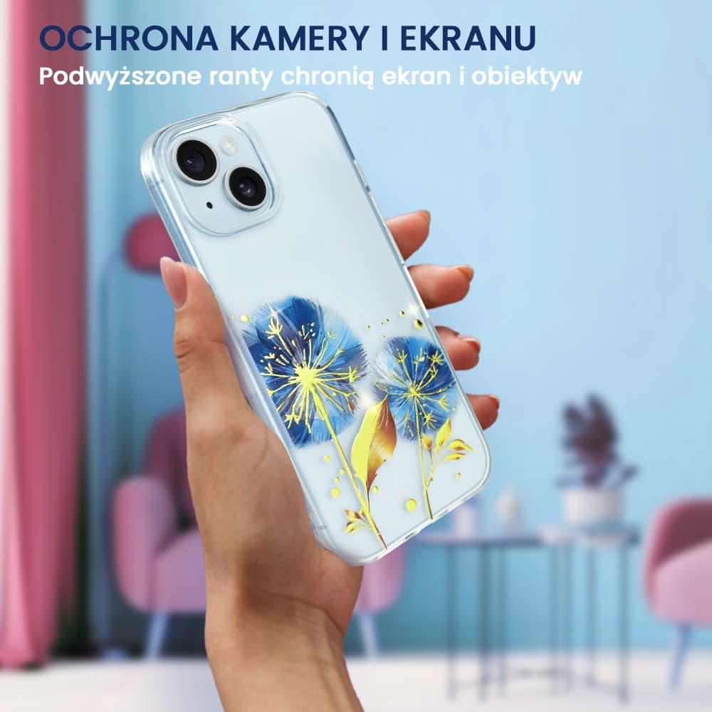 Etui do iPhone 15, przeźroczyste, niebieskie dmuchawce ze złotym zdobieniem