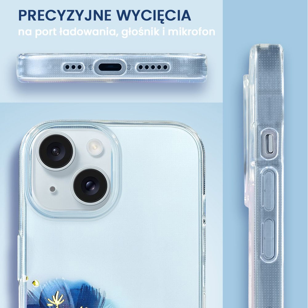 Etui do iPhone 15, przeźroczyste, niebieskie dmuchawce ze złotym zdobieniem