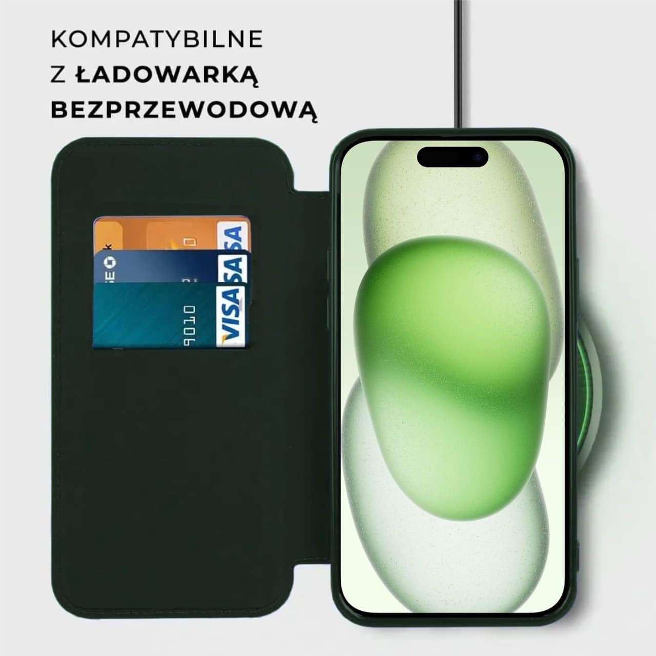Etui do iPhone 15 Plus, typu książka Book Magsafe Lens Protect, z klapką, zielone