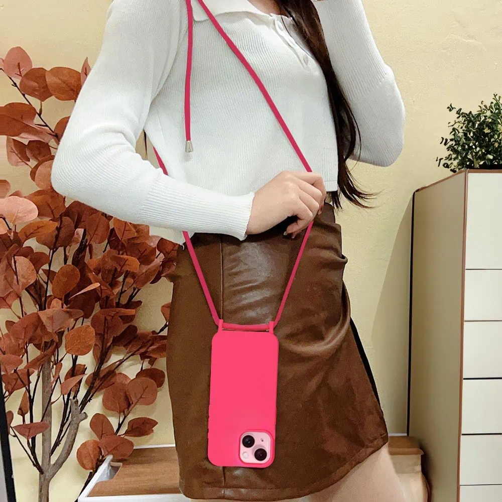 Etui do iPhone 15 Plus wzmacniane crossbody z różową smyczą jak torebka, różowe