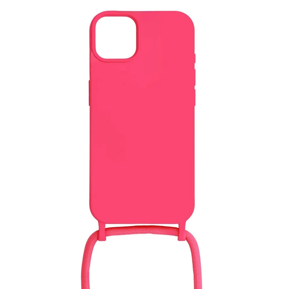 Etui do iPhone 15 Plus wzmacniane crossbody z różową smyczą jak torebka, różowe