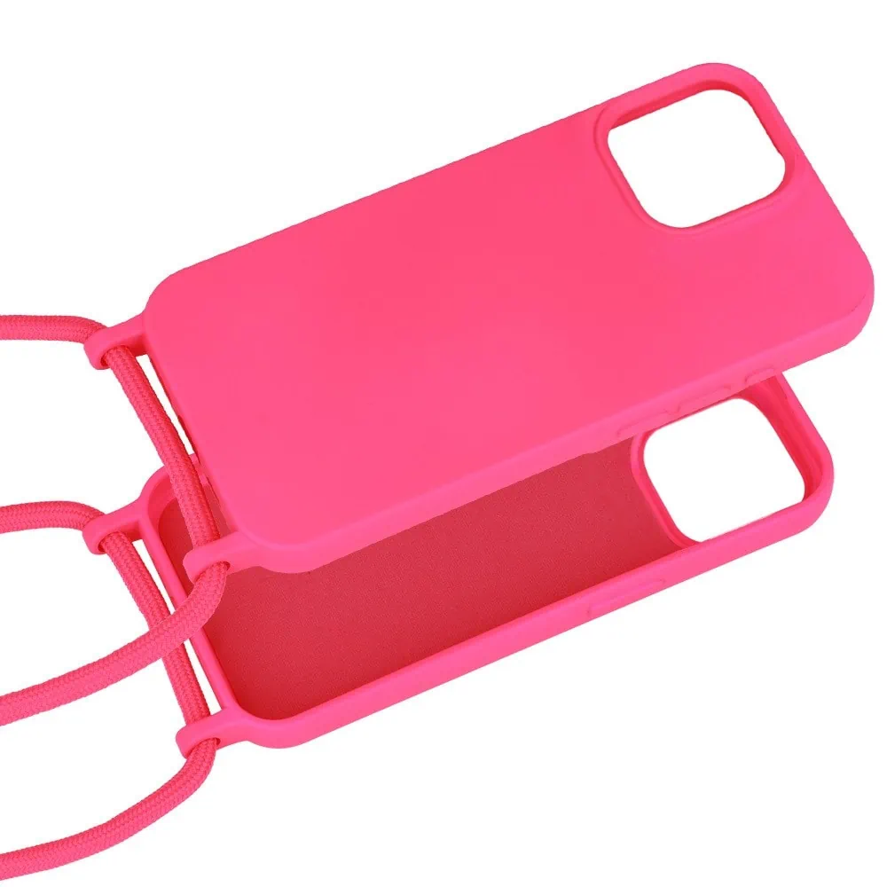 Etui do iPhone 15 Plus wzmacniane crossbody z różową smyczą jak torebka, różowe