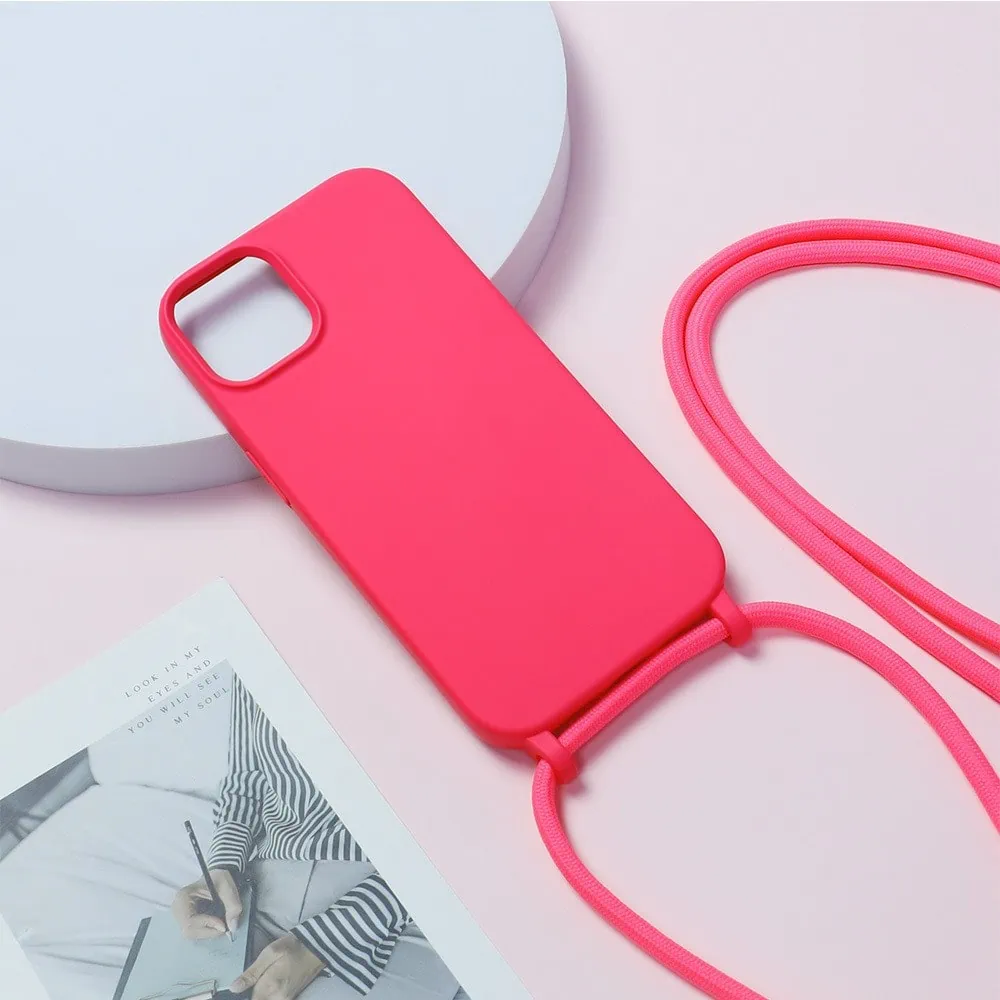 Etui do iPhone 15 Plus wzmacniane crossbody z różową smyczą jak torebka, różowe